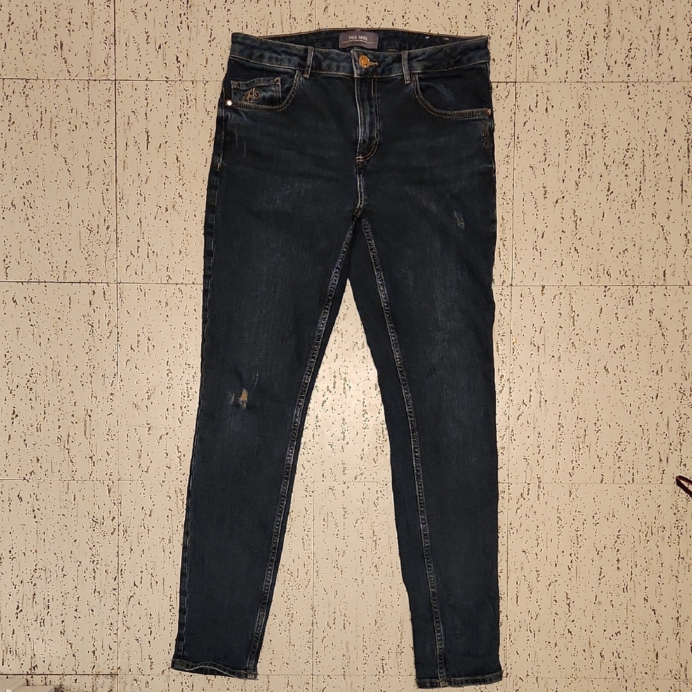 Mos Mosh Dark Blue Embroidered 'Love' Bradford Heritage Lightly Distressed Jeans